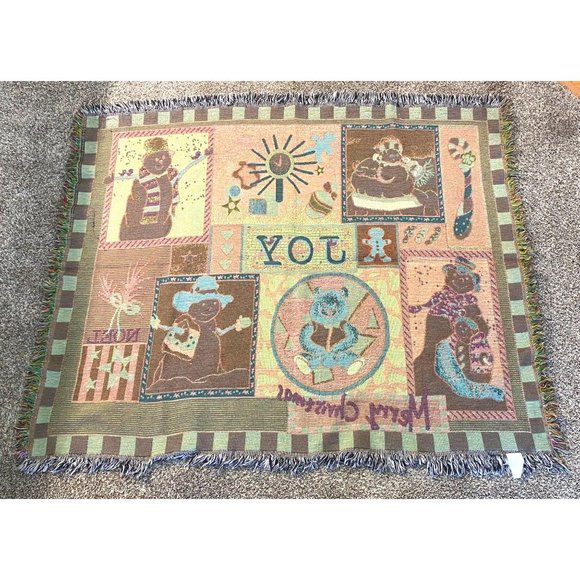 Tapestry Throw Blanket Snowman Merry Christmas Bear Joy Fringed 46" X 55" - Picture 2 of 7